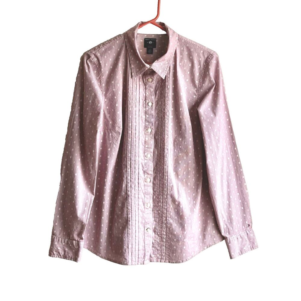 Tommy Hilfiger Blouse Pin Strip Long Sleeve Button Up Pintuck Front Red L Logo